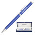 A metallic ballpoint pen in bright blue with a silver clip, presented in a black and silver box.
