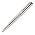 A silver metal ballpoint pen with a sleek, shiny finish and a clip, featuring a logo on its surface.