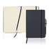 A dark blue A5 executive notebook journal with lined pages and a pen attached, featuring a ribbon bookmark.