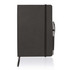 A black A5 notebook journal with a pen attached, featuring an elastic band closure and a ribbon marker.