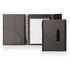 A black A6 notepad folder with magnetic closure, featuring a pen, lined notepad, and a pocket for cards.