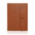 A brown A5 notebook journal with a leather look and a magnetic closure, featuring a logo on the cover.
