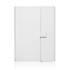 A white A5 notebook journal with a leather-like finish and a magnetic closure. It features a logo on the cover.