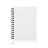 A white A6 spiral-bound notebook with black spirals and blank pages. It features a logo on the cover.