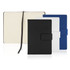 Notebook journals in black, white, and blue with a magnetic closure and lined pages visible inside.