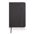 A black A6 leather-look notebook journal with an elastic band and ribbon marker, featuring a logo.
