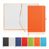 A5 notebook journal with a leather-look cover, available in orange, black, white, navy, green, and blue, featuring lined pages.
