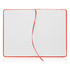 A red A5 notebook journal with lined pages and a ribbon marker. It has a smooth leather-like finish.
