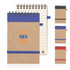 A recycled paper spiral bound notepad with a brown cover, featuring a logo and coloured elastic bands in various hues.