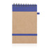 A recycled paper notepad in brown with a blue top and an elastic band closure, spiral bound at the top.