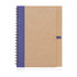 A recycled paper spiral-bound notebook with a brown cover and a purple band, featuring a logo on the front.