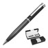 A black ballpoint pen with striped detailing, presented in a sleek black gift box.
