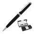 A black ballpoint pen with a silver clip, presented in a black and white gift box.