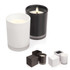 Two candles in glass holders, one white and one black, with a lit wick on the black candle. Includes additional square designs.