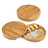 A bamboo cheese set featuring a circular board and three stainless steel knives with wooden handles.