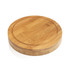 A round bamboo cheese platter with a smooth surface and subtle engraving, featuring a logo on the bottom.