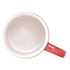 A ceramic mug with a red exterior and a white interior, featuring a smooth handle.