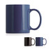 A ceramic mug in a glossy dark blue finish, featuring a handle and a logo. A black mug is shown below.
