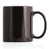 A black ceramic mug with a sleek finish and a comfortable handle. It features a logo.
