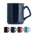 A ceramic mug in navy blue with a sturdy handle, alongside versions in black, red, and light blue. It features a logo.