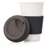 A ceramic travel mug in white with a black silicone sleeve and lid, designed for hot beverages.