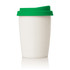 A ceramic travel mug with a white body and a green lid, featuring a simple design and a logo.