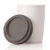 A ceramic travel mug in white with a brown silicone lid. Features a logo on the lid.