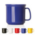 A blue plastic cup with a handle, accompanied by smaller cups in black, white, red, and yellow.