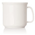 A white 300ml plastic cup with a smooth surface and a sturdy handle, featuring a logo on one side.