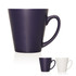 A ceramic mug with a purple finish and a curved handle, accompanied by a second white ceramic mug.