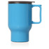 A blue travel mug with a double wall design and a black lid. It features a comfortable handle and sturdy base.