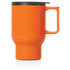An orange travel mug with a black lid and a handle, featuring a double wall for insulation.