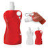 A drink bottle in red and white, featuring a flexible design and a clip for easy attachment. It includes a logo.