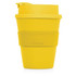 A drink bottle in bright yellow with a textured grip and a lid, featuring a brand logo.