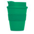 A green eco coffee cup with a silicone band and a secure lid. It has a logo on the side.