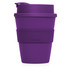 A drink bottle featuring a purple plastic cup with a silicone band and a lid. It has a logo on the side.