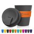 A drink bottle featuring a grey eco coffee cup with an orange band and a lid, alongside various coloured cups.
