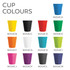A display of eco coffee cups in various colours: yellow, black, green, orange, white, blue, cyan, purple, and pink. Each cup has a distinct style.