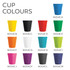 A set of eco-friendly coffee cups in various colours, including blue, yellow, black, green, orange, white, turquoise, pink, and purple.
