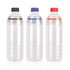 A drink bottle trio in clear Tritan plastic, featuring black, blue, and red lids. Each bottle holds 700ml.