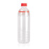 A drink bottle made of transparent Tritan with a red cap, featuring a logo on the side.