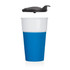 A drink bottle featuring a white ceramic top and a ribbed blue silicone base, with a black lid.