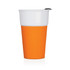 A drink bottle featuring a white ceramic top and bright orange silicone base with a lid and a branding logo.