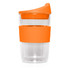 A drink bottle featuring a double-wall design with an orange lid and silicone sleeve, made of clear glass.