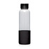 A drink bottle with a clear body and a textured black base, featuring a black screw-on lid.