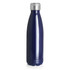 A drink bottle in dark blue with a silver screw top. The bottle has a sleek, rounded design and features a logo.