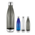 A drink bottle in various sizes, featuring a greyish tint and a silver base. Includes blue and clear options.