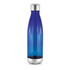 A drink bottle in a gradient blue colour with a silver base and cap, featuring a logo.