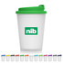 A frosted plastic double wall cup with a green lid, featuring a logo, in various colours below.