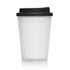A frosted white double wall cup with a black lid, featuring a logo. Suitable for beverages on the go.